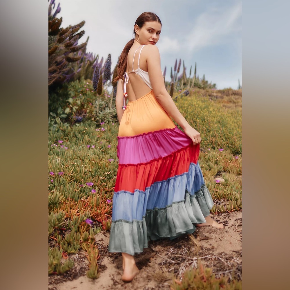 Anthropologie Rainbow Tiered Maxi Dress V Neck Colorful Small NWT - Picture 7 of 16